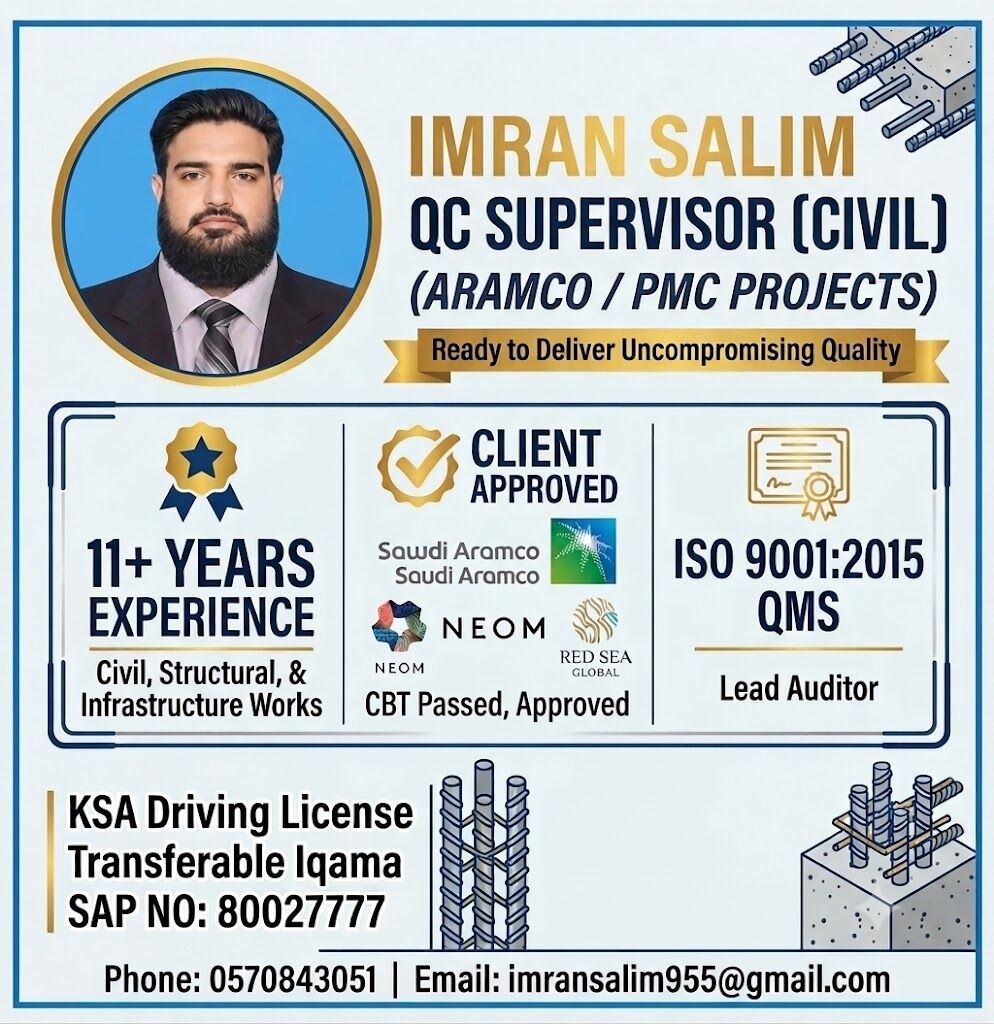 Riyadh, Job Seekers, Available: QC Civil Supervisor (Aramco CBT Passed / NEOM & RSG Approved) &ndash; 11+ Yrs Exp