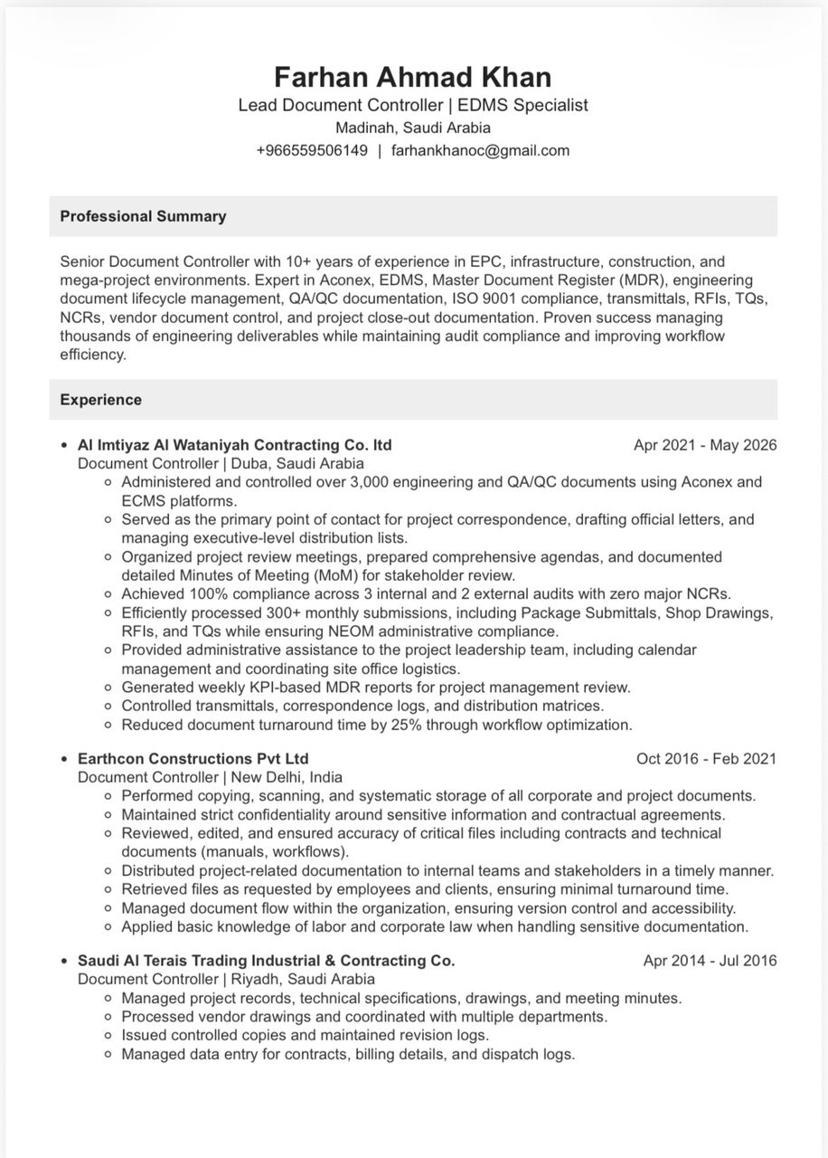 Madinah, Job Seekers, Document Controller