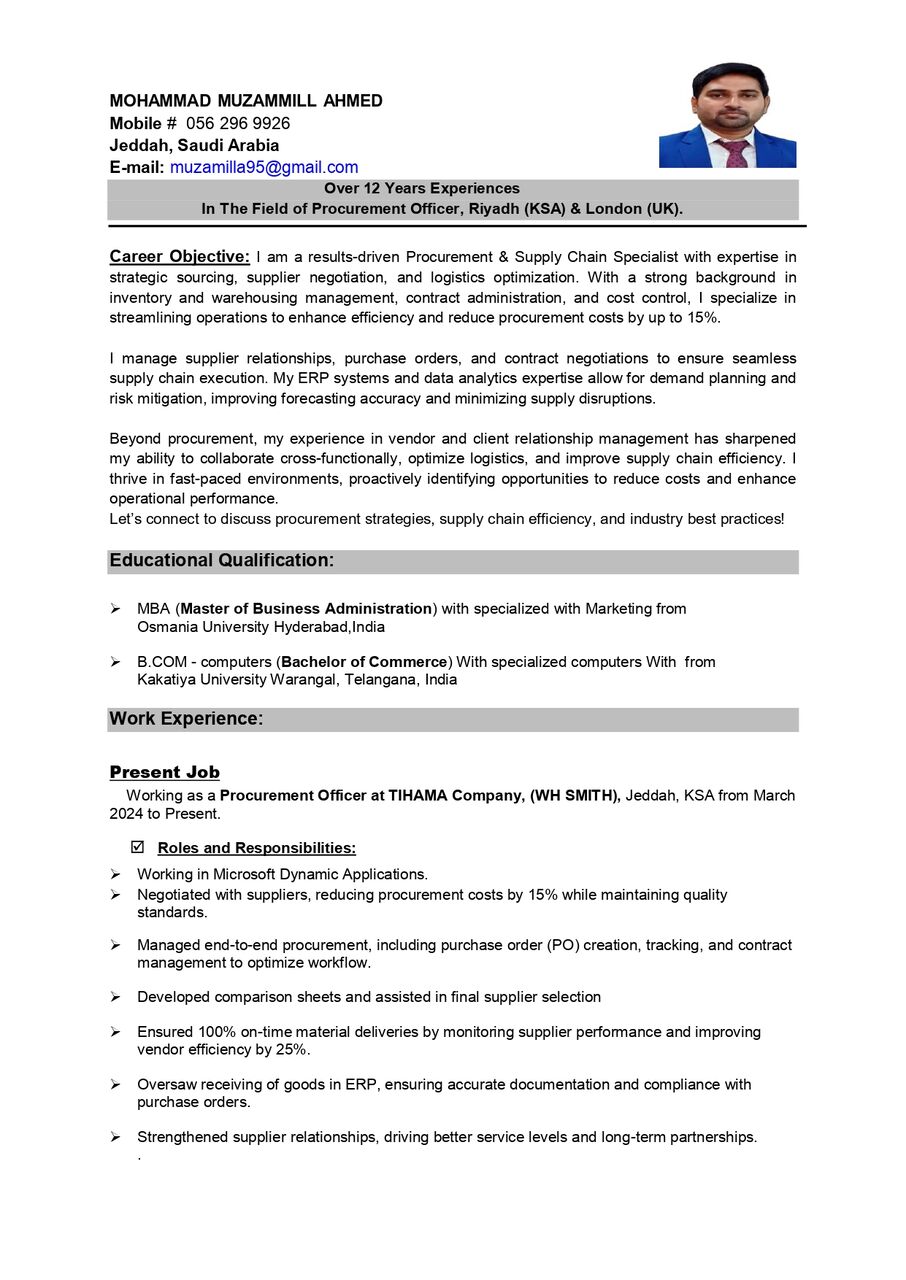 Jeddah, Job Seekers, Procurement Officer CV