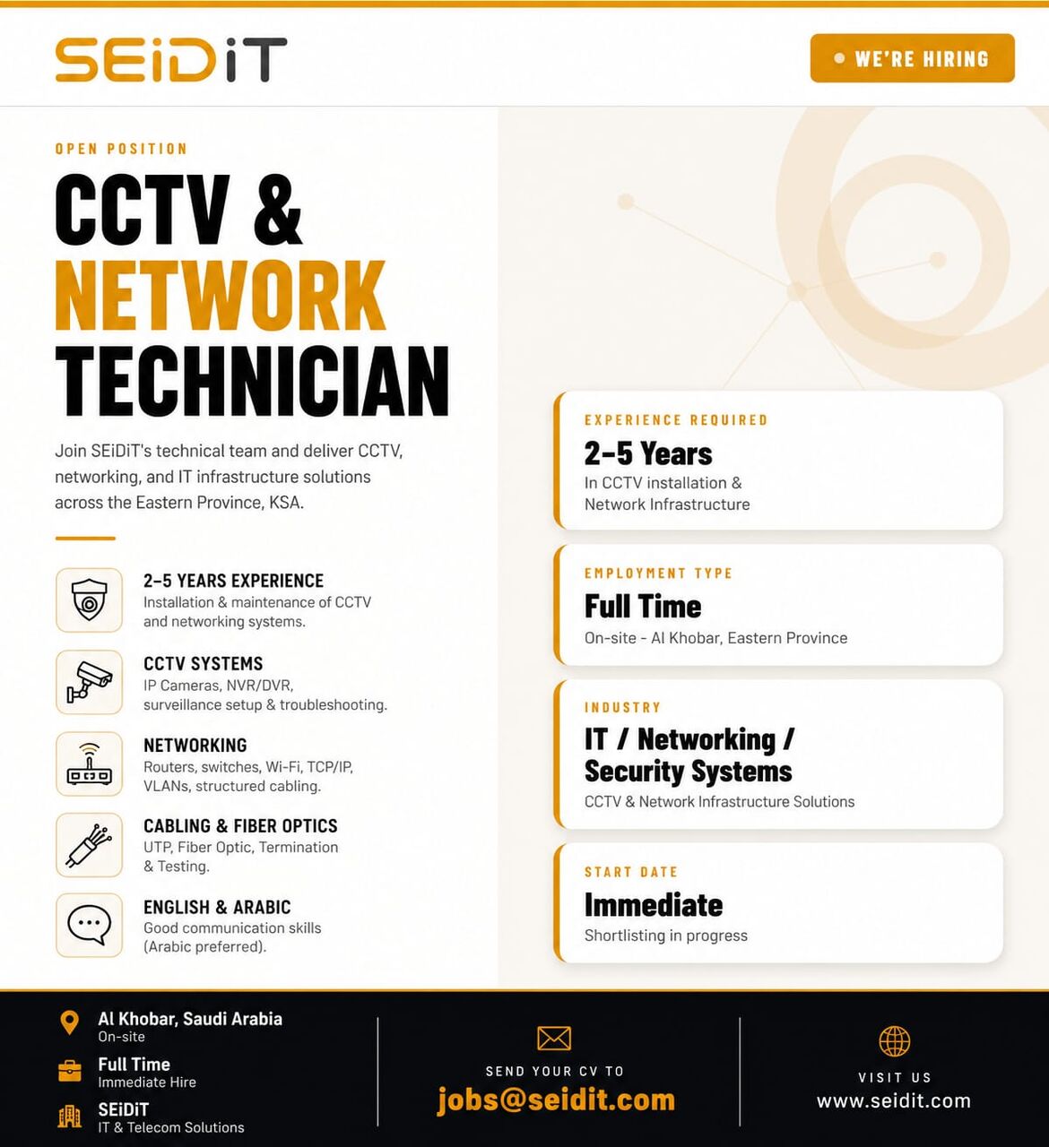 Khobar, Jobs, CCTV & Network Technician &ndash; IT & Telecom Solutions
