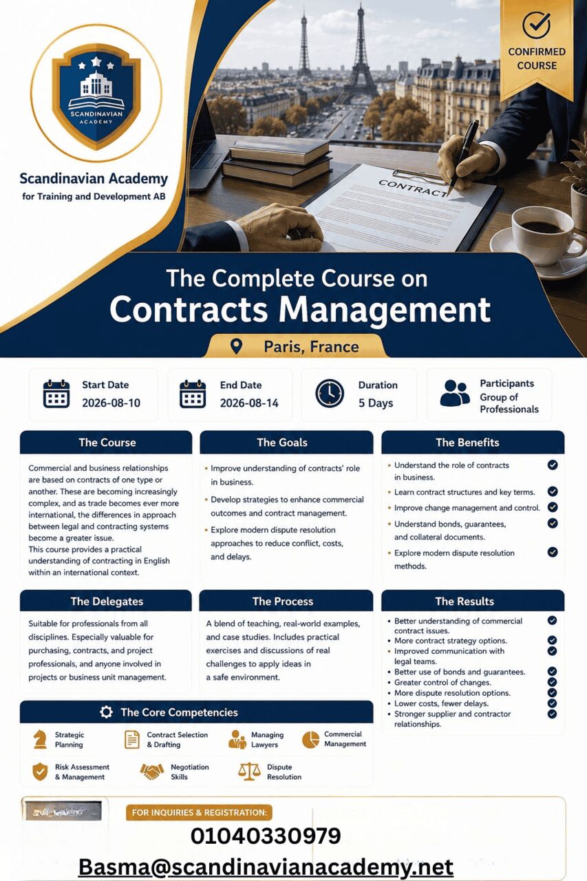 Cairo, Training, The Complete Course On Contracts Management | Paris, France