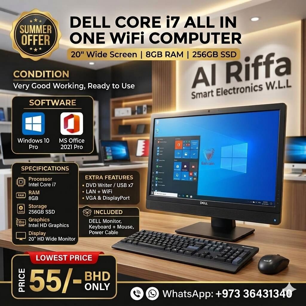 Muharraq, Computers, BHD 55,  DELL Core I7 All In One WiFi Computer 20" HD Wide Monitor 8GB RAM + 256GB SSD Ready Win 11