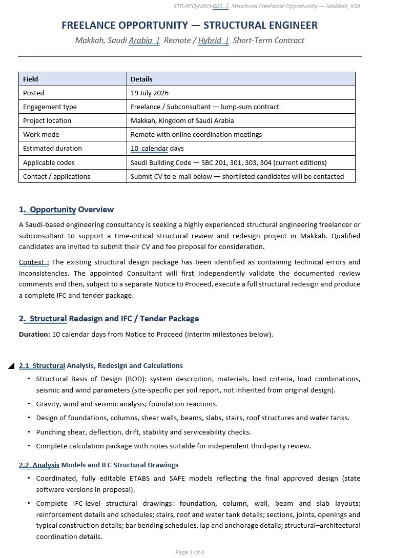 Riyadh, Jobs, Free Lance Structural Engineer ( Design ) Required