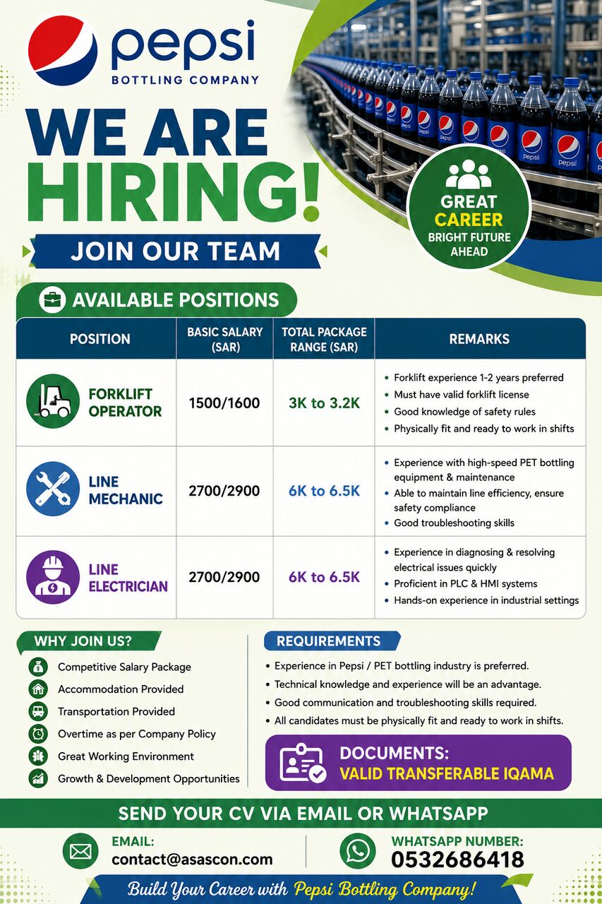 Riyadh, Jobs, Immediate Hiring &ndash; Pepsi Bottling Company