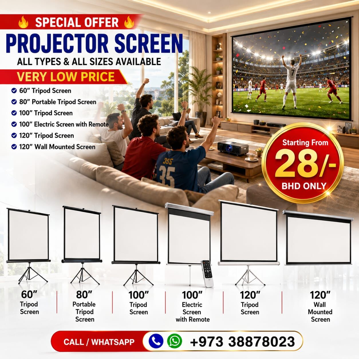 Manama, Tablet Computers, BHD 28,  New Projector Screen Box Pack 60",100",120" Tripod Stand/Wall Mounted Electric With Remote