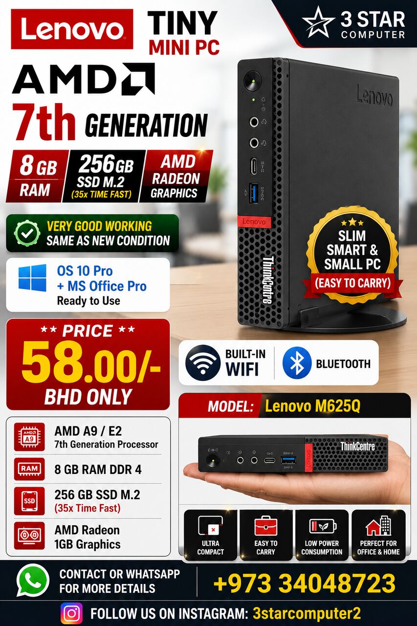 Manama, Tablet Computers, BHD 58,  Lenovo Tiny Mini PC AMD 7th Gen RAM 8GB SSD 256GB M.2 AMD Graphics Built-in WIFI Bluetooth