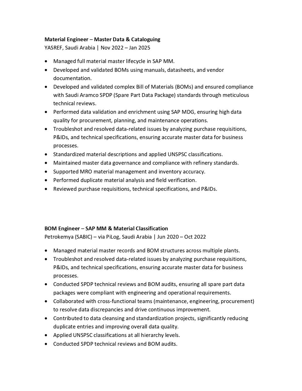 Al Jubail Al Balad, Job Seekers, Master Data Governance, SAP MDG, MDM, Cataloguing, MDRM, MRO Specialist, BOM Engineer