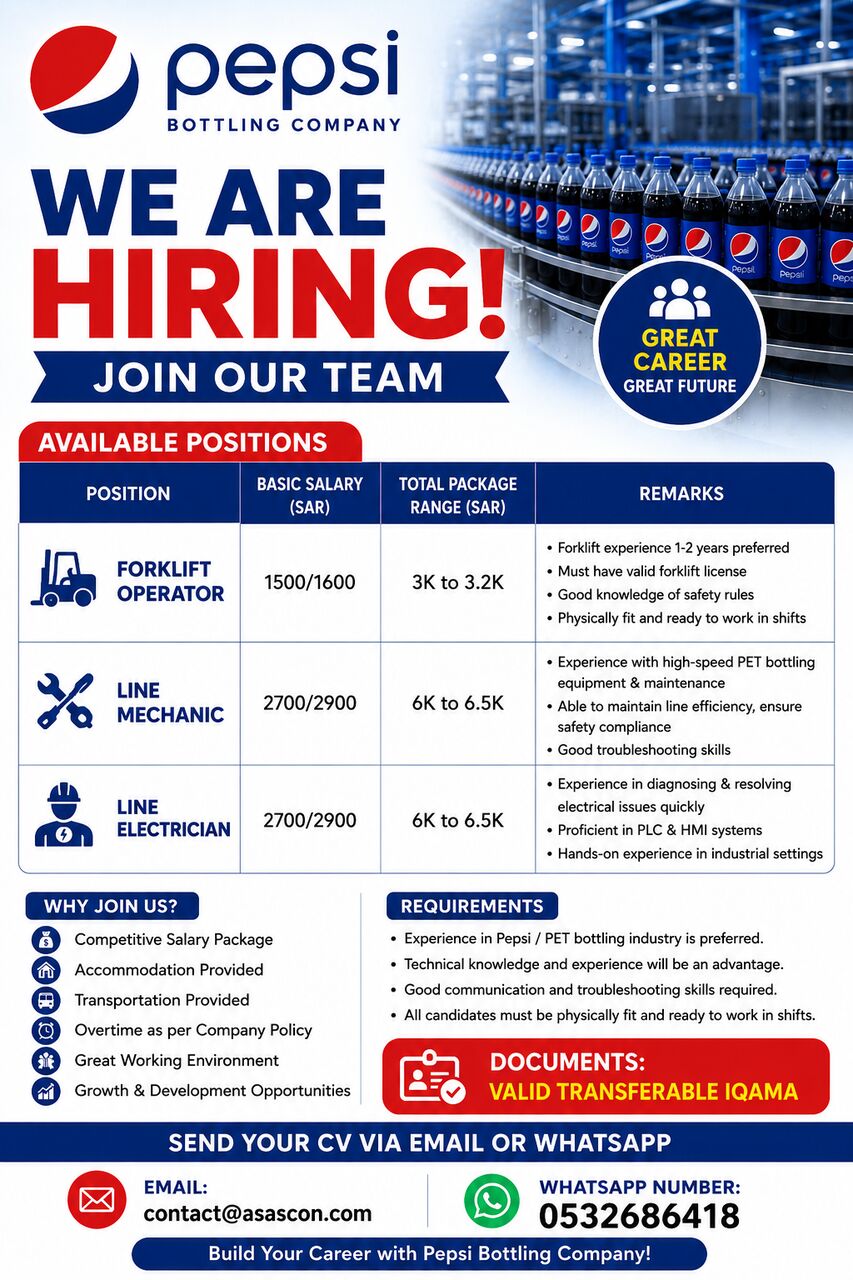 Riyadh, Jobs, Exciting Career Opportunities At Pepsi Bottling Company