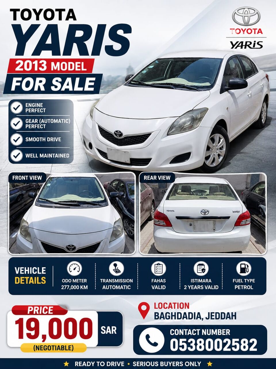 Jeddah, Vehicles, Cars & Trucks , SAR 19000,  Toyota Yaris,  2013,  Automatic,  277000 KM,    Model Sale For 19000 SAR