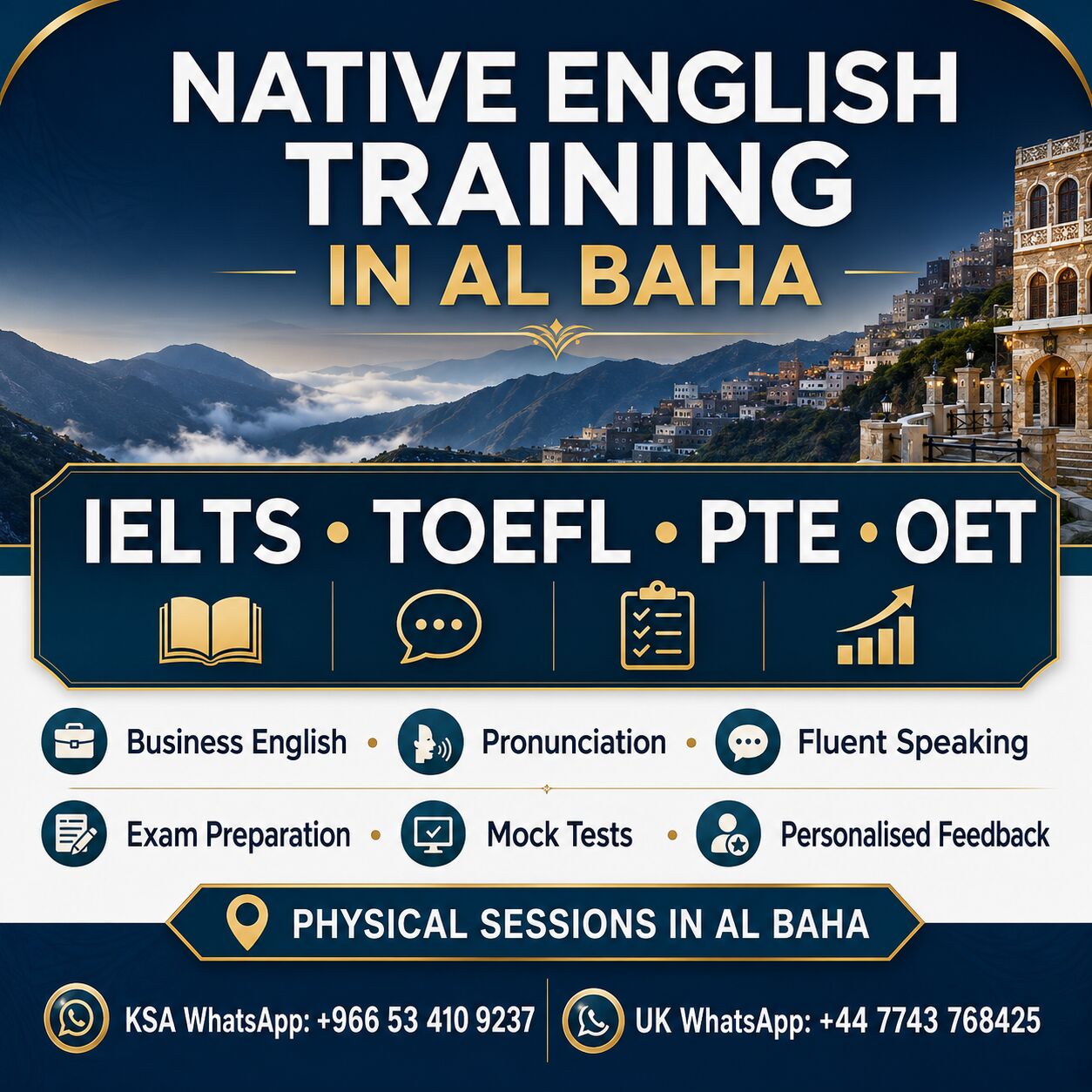 Al Baha, Lessons Offered, IELTS/ TOEFL/PTE/ OET/Business English/Pronunciation & Fluent Speaking
