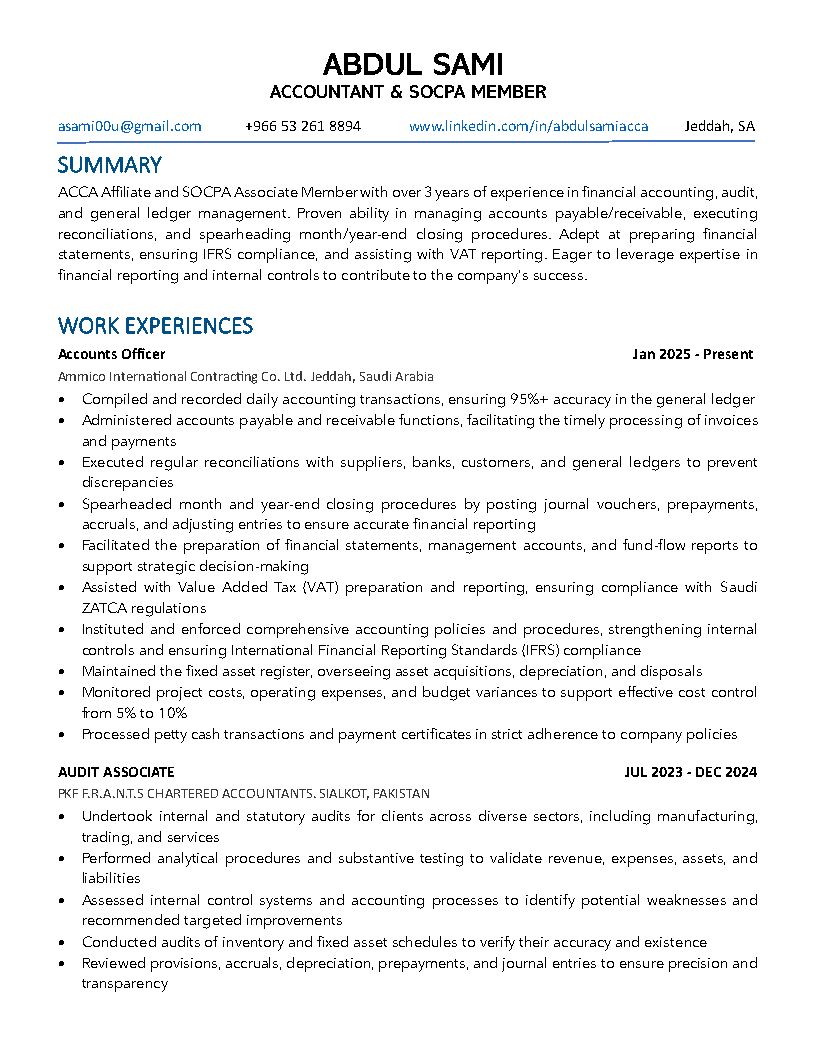 Riyadh, Job Seekers, Accountant | ACCA Affiliate | SOCPA |Finance Officer | 3+ Years | Transferable Iqama