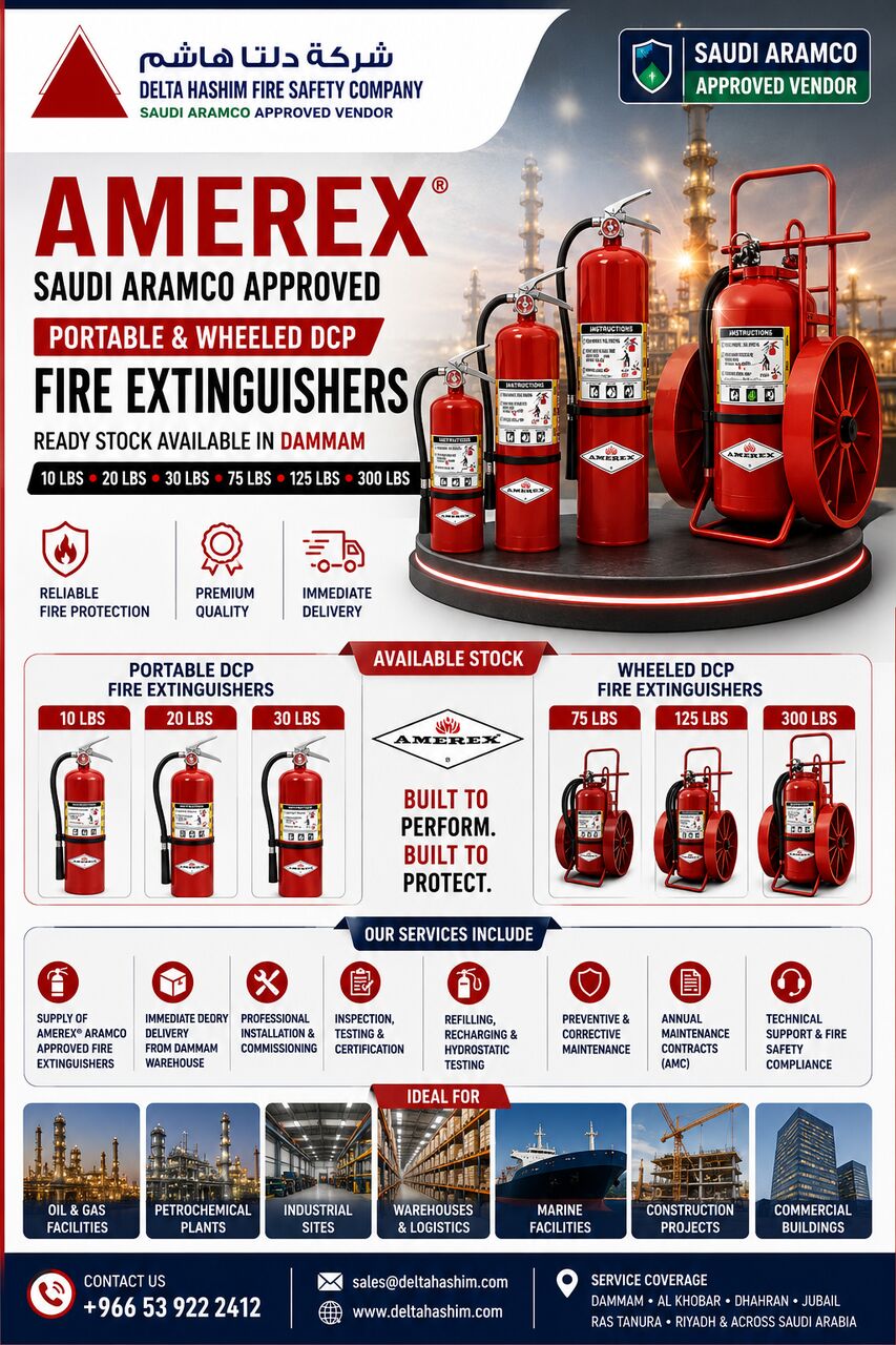 Dammam, Construction, Amerex, Aramco Approved, Portable & Wheeled Fire Extinguisher Stock Available In Dammam