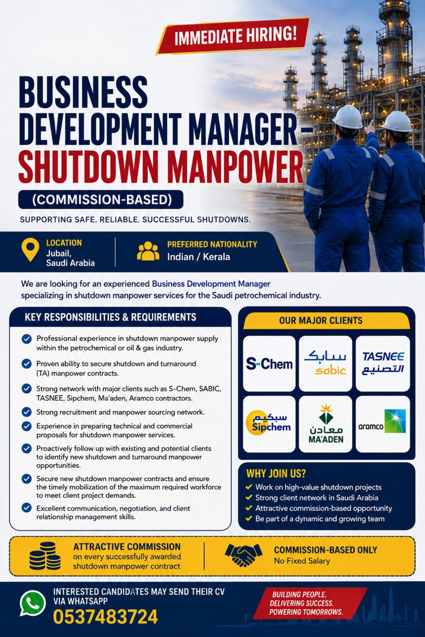 Jubail, Jobs, Business Development Manager - Manpower - Commission Based