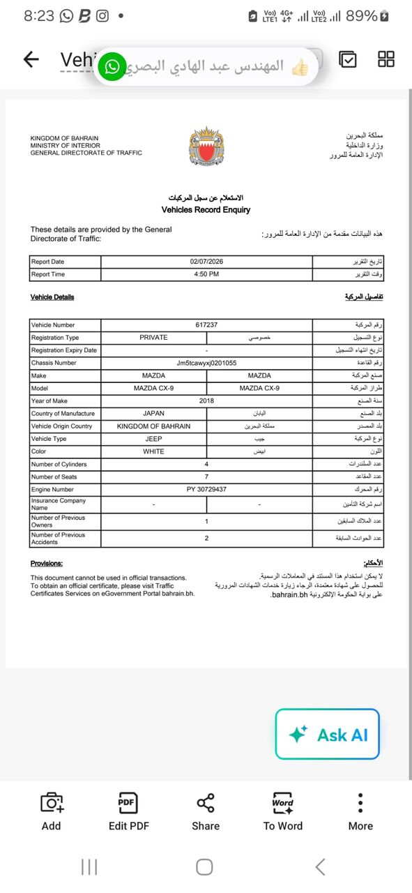 Manama, Vehicles, Cars & Trucks , BHD 6500,  Mazda CX-09 Full Option Imacalite Condation,  2018,  Automatic,  66000 KM,