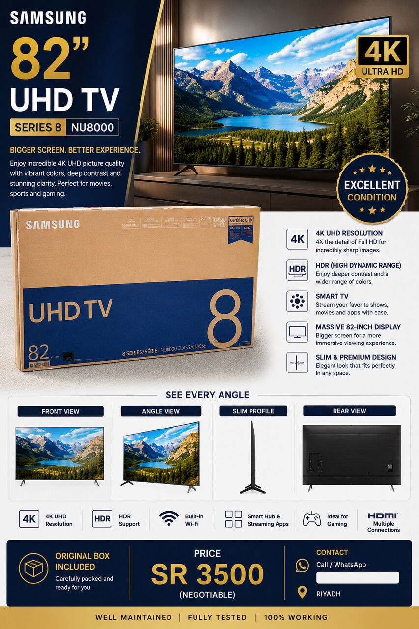 Riyadh, Electronics, SAR 3500,  82" Big Screen Samsung 4K Smart TV