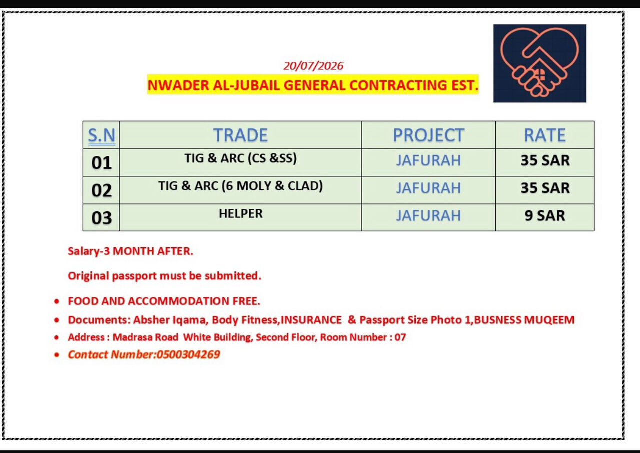 Jubail, Jobs, TIG & ARC (CS & SS) JCC (2) TIG &ARC ( 6 MOLY CLAD) 3)