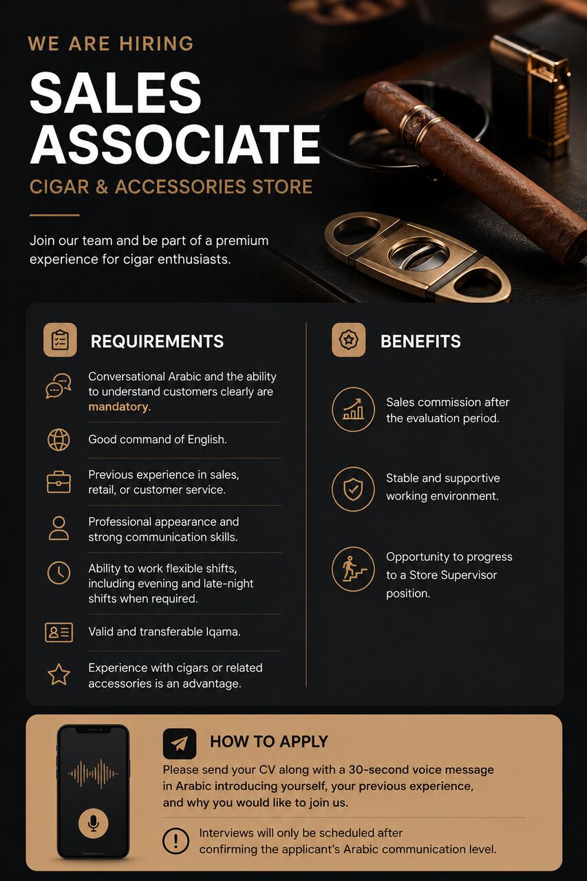 Riyadh, Jobs, Cigar & Accessories Store &ndash; North Riyadh