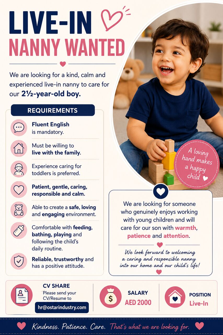 Dubai, Jobs, Live-in English Speaking Nanny Required In Dubai For 2.5-Year-Old Boy
