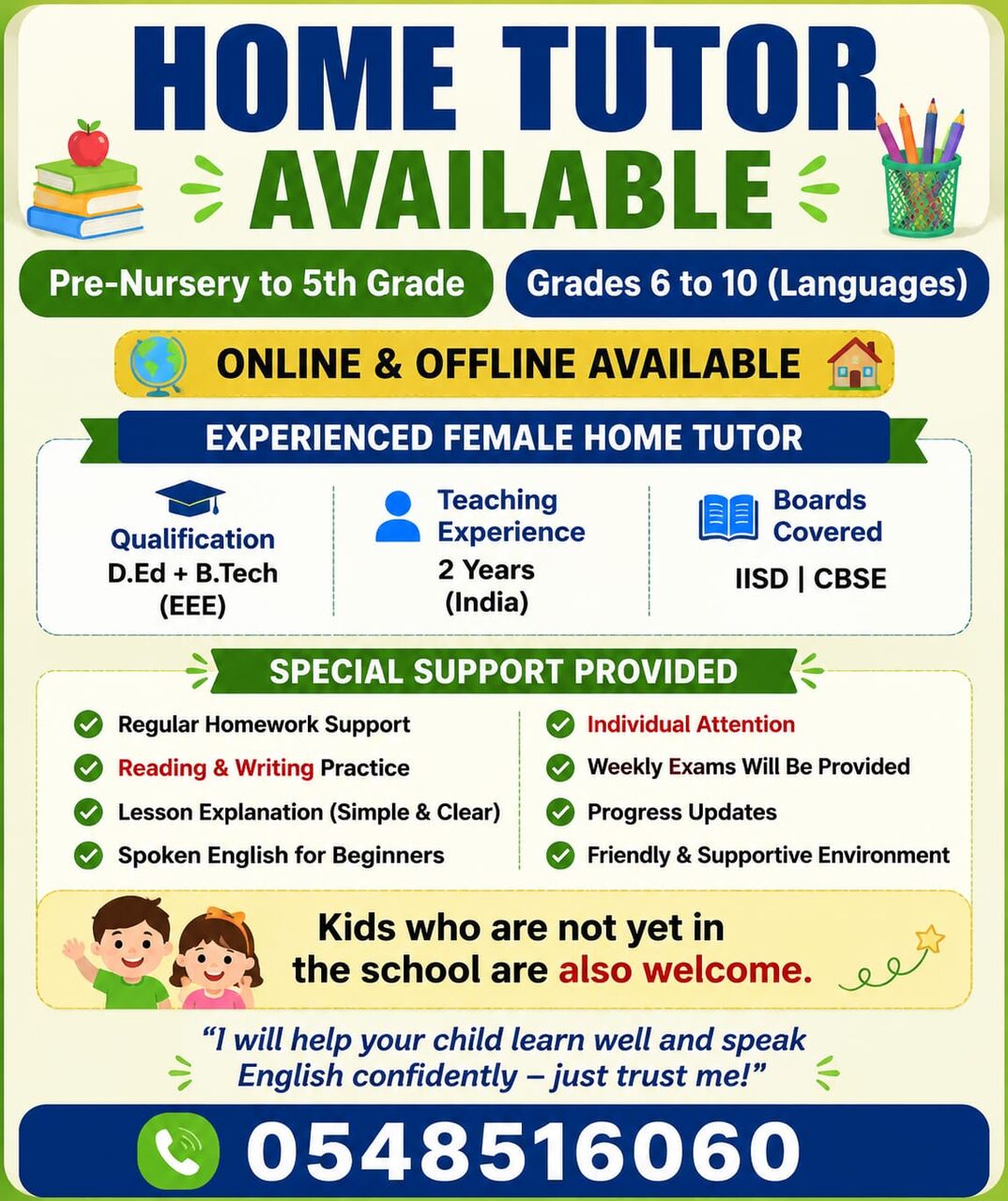 Dammam, Lessons Offered, Home Tuition (Offline & Online) For Pre-Nursery To 5th Grade&ndash;All Subjects-Al Qazaz, Dammam