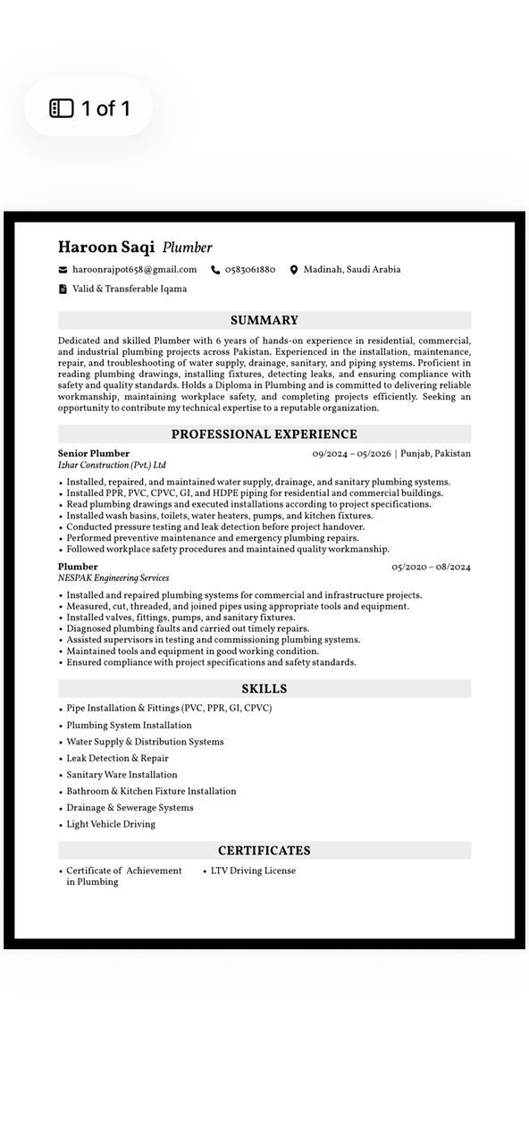 Riyadh, Job Seekers, Plumber