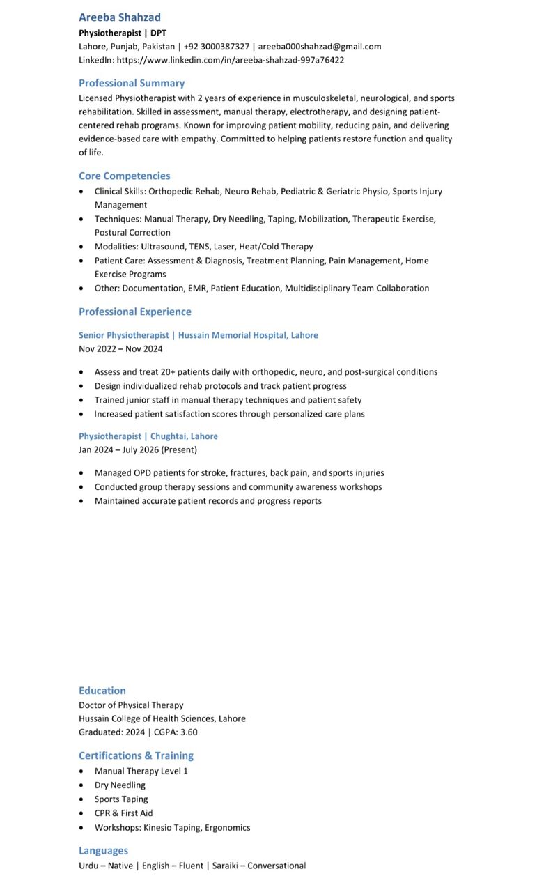 Lahore, Job Seekers, Physiotherapist