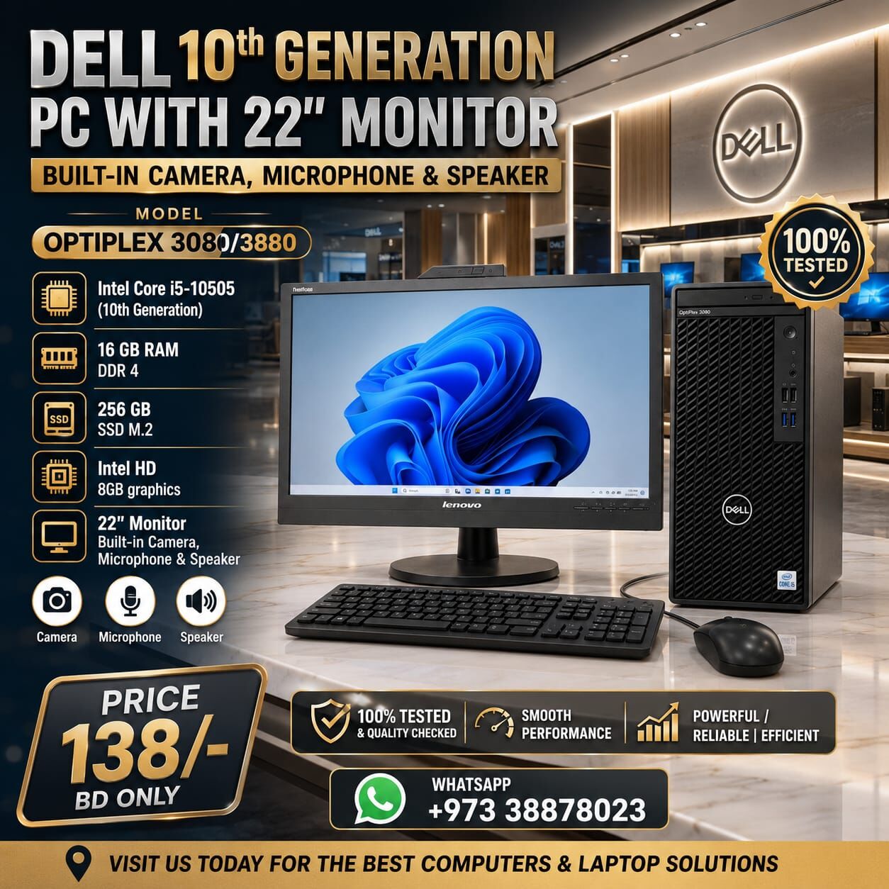 Manama, Computers, BHD 138,  DELL Core I5 10th Gen PC 16GB Ram SSD 256GB With 22" FHD Monitor Built-in Camera, Speaker