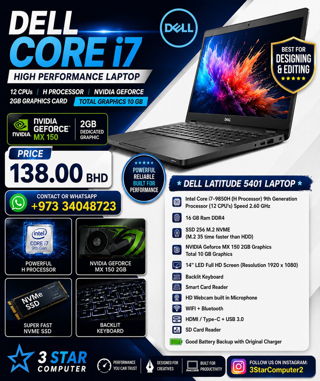 Manama, Tablet Computers, BHD 138,  DELL I7 Laptop High Performance H Processor 16 GB (2GBGraphic Total 10GB)Designing,Editing