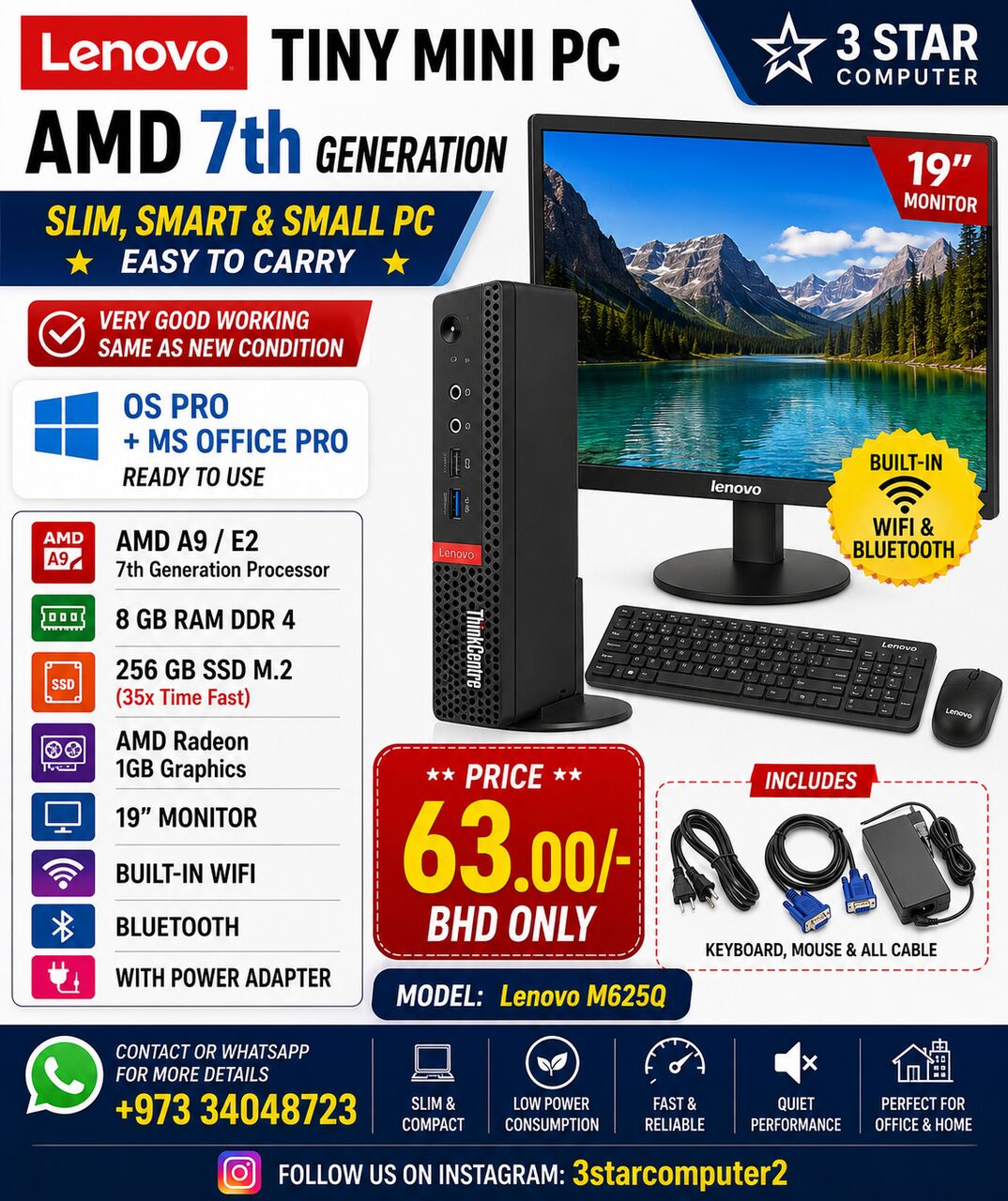 Manama, Tablet Computers, BHD 63,  Lenovo Tiny Mini PC AMD 7th Gen RAM 8GB SSD 256GB M.2 With 19" Mon Built-in WIFI Bluetooth
