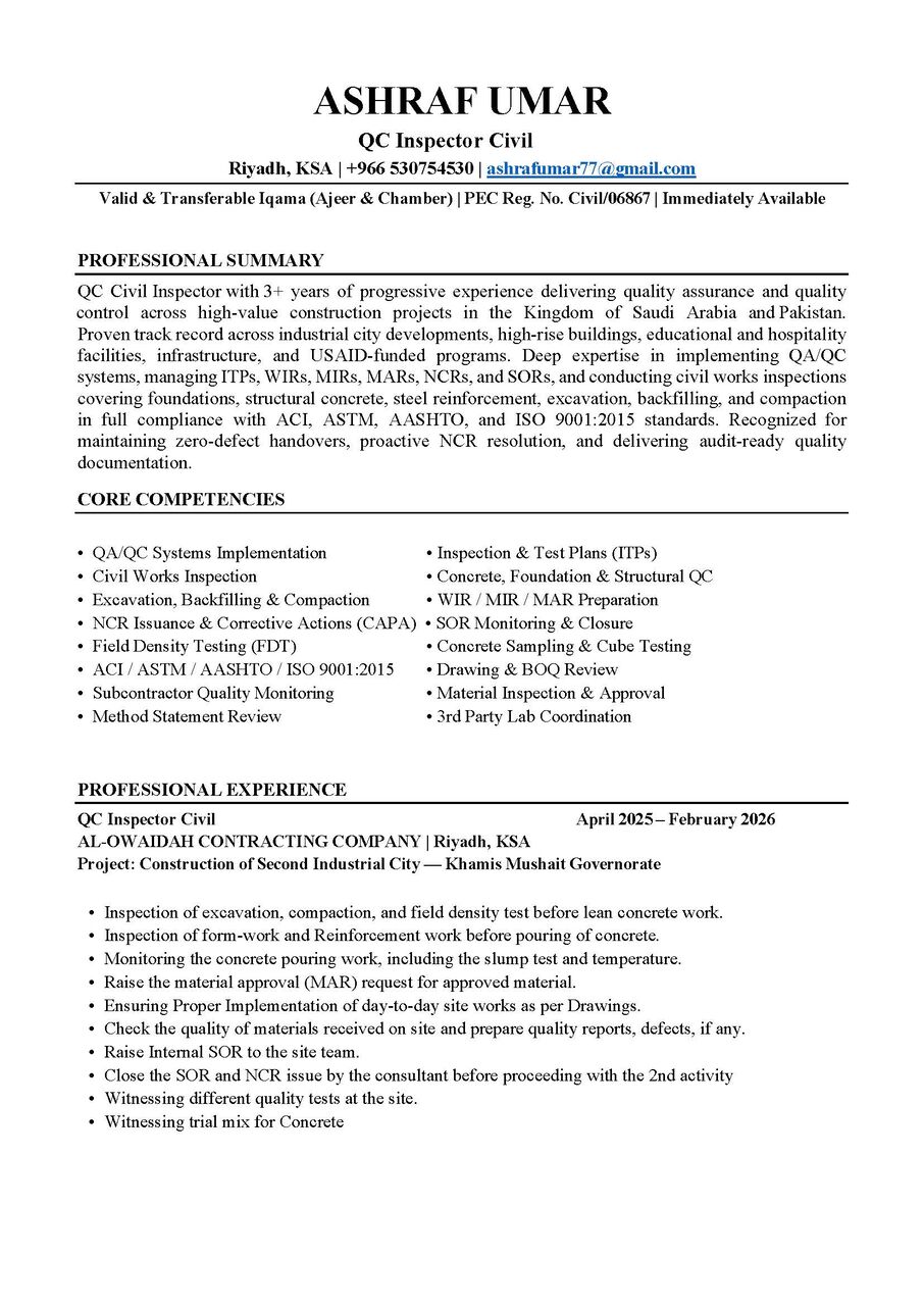 Jubail, Job Seekers, QC Inspector Civil | PEC Registered Engineer | 3+ Years Experience | Jubail | Valid Iqama