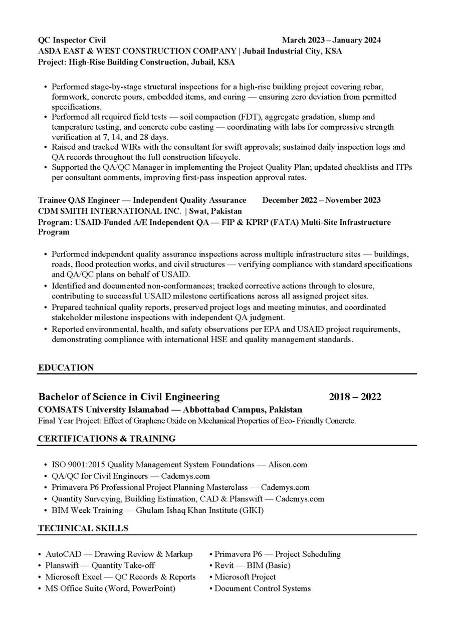 Jubail, Job Seekers, QC Inspector Civil | PEC Registered Engineer | 3+ Years Experience | Jubail | Valid Iqama