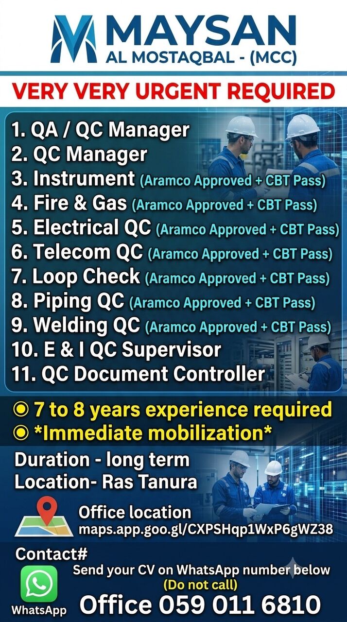 Dammam, Jobs, Ver Urgent Requirement For QC/QC