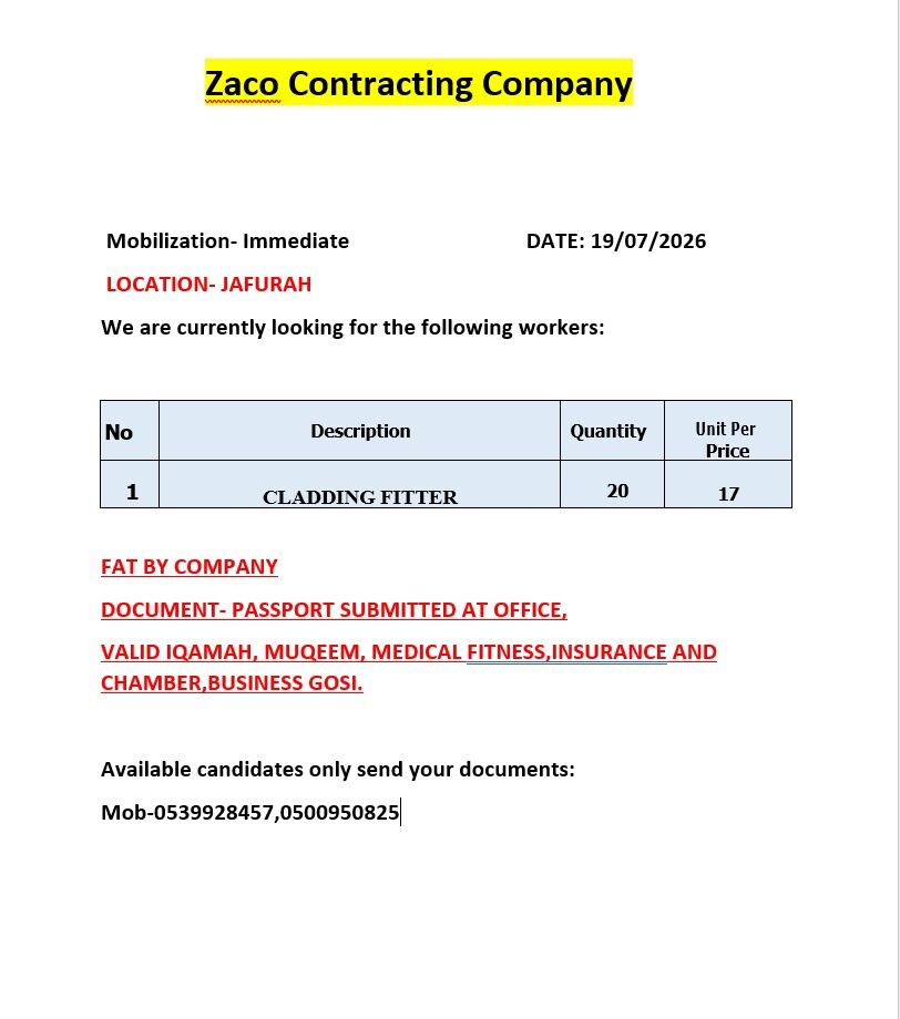 Riyadh, Jobs, Urgent Requirement &ndash; Cladding Fitter