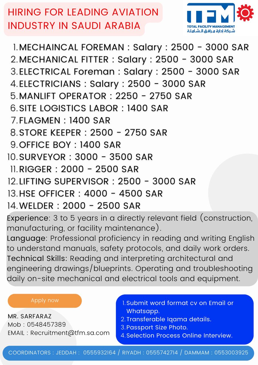 Riyadh, Jobs, VACANCIES IN LARGE NUMBER
