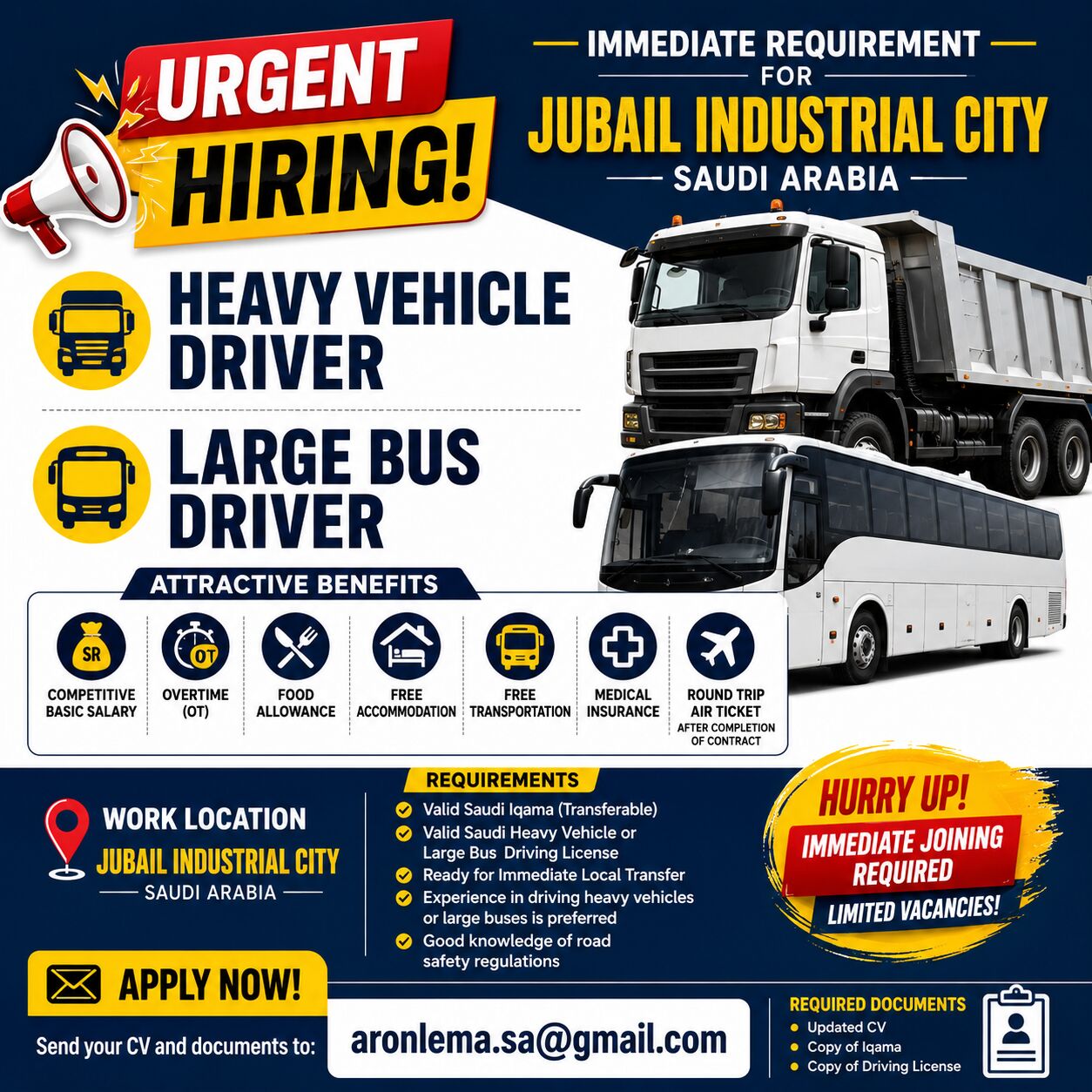 Jubail, Jobs, HEAVY VEHICLE DRIVERS & LARGE BUS DRIVERS