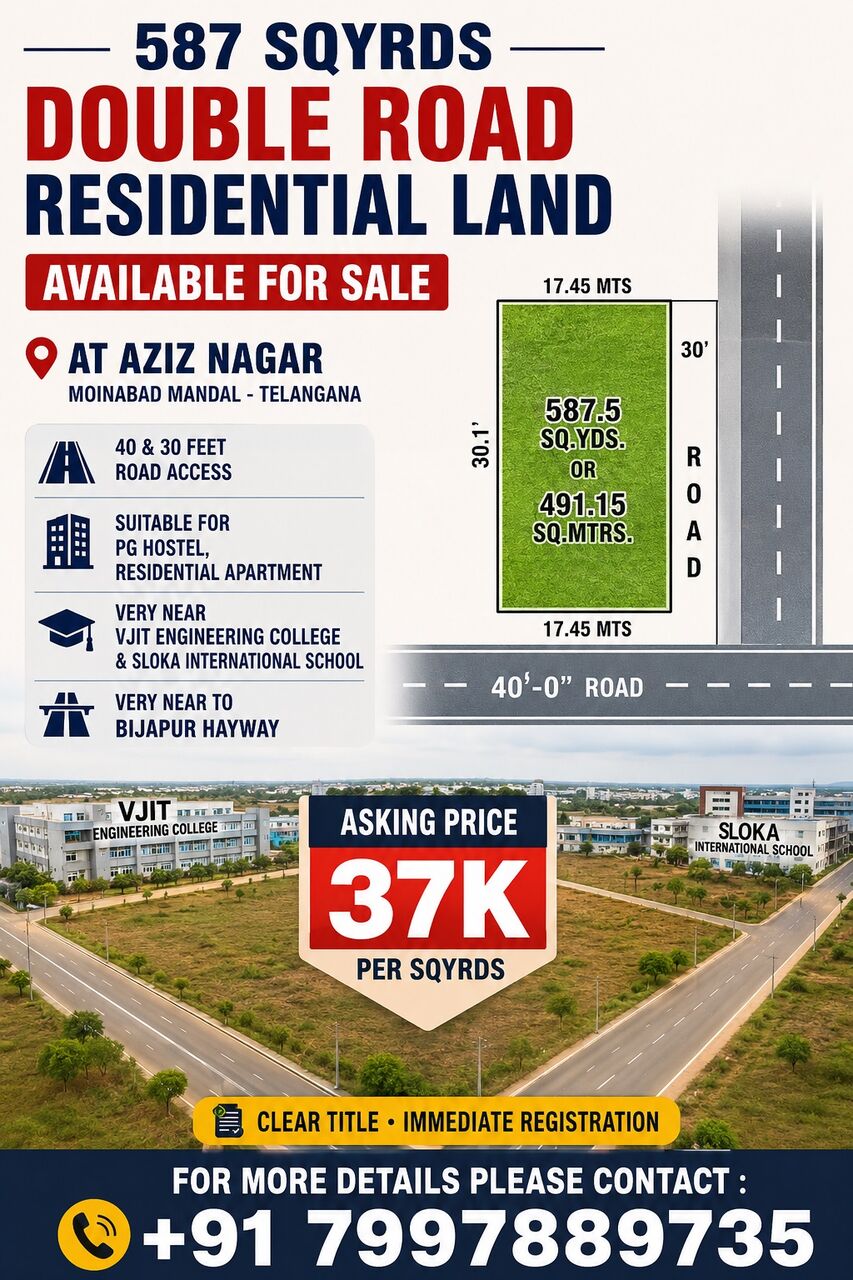Hyderabad, Residential Plots, INR 37000,  587 Sq. Yard,  587 Sqrds Double Road Residential Land For Sale At Aziz Nagar -Moinabad