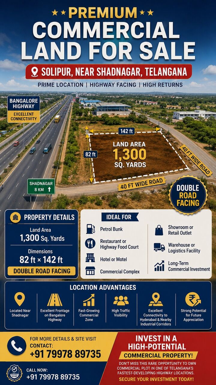 Hyderabad, Commercial Plots, INR 30000,  1300 Sq. Yard,  1300 Sqrds Double Road Commercial Land For Sale Near Shadnagar -Bangaloor Hayway