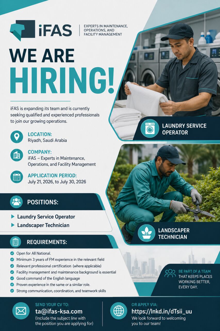 Riyadh, Jobs, Laundry Services (Operator) & Landscape Technician