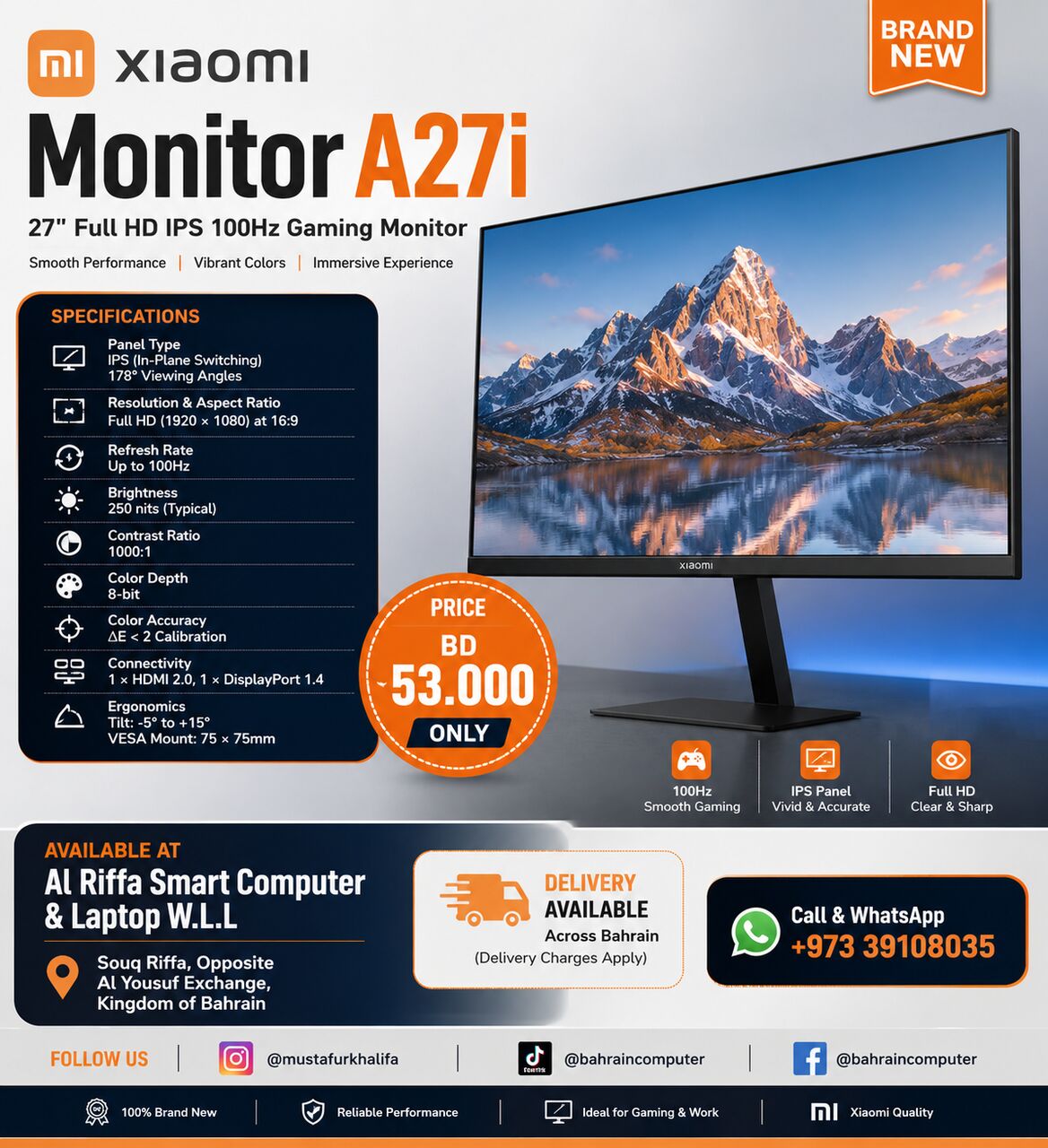 Riffa, Computers, BHD 53,  XIAOMI Monitor A27i 27" Full HD IPS 100Hz Gaming Monitor | Brand New | BD 53 Only