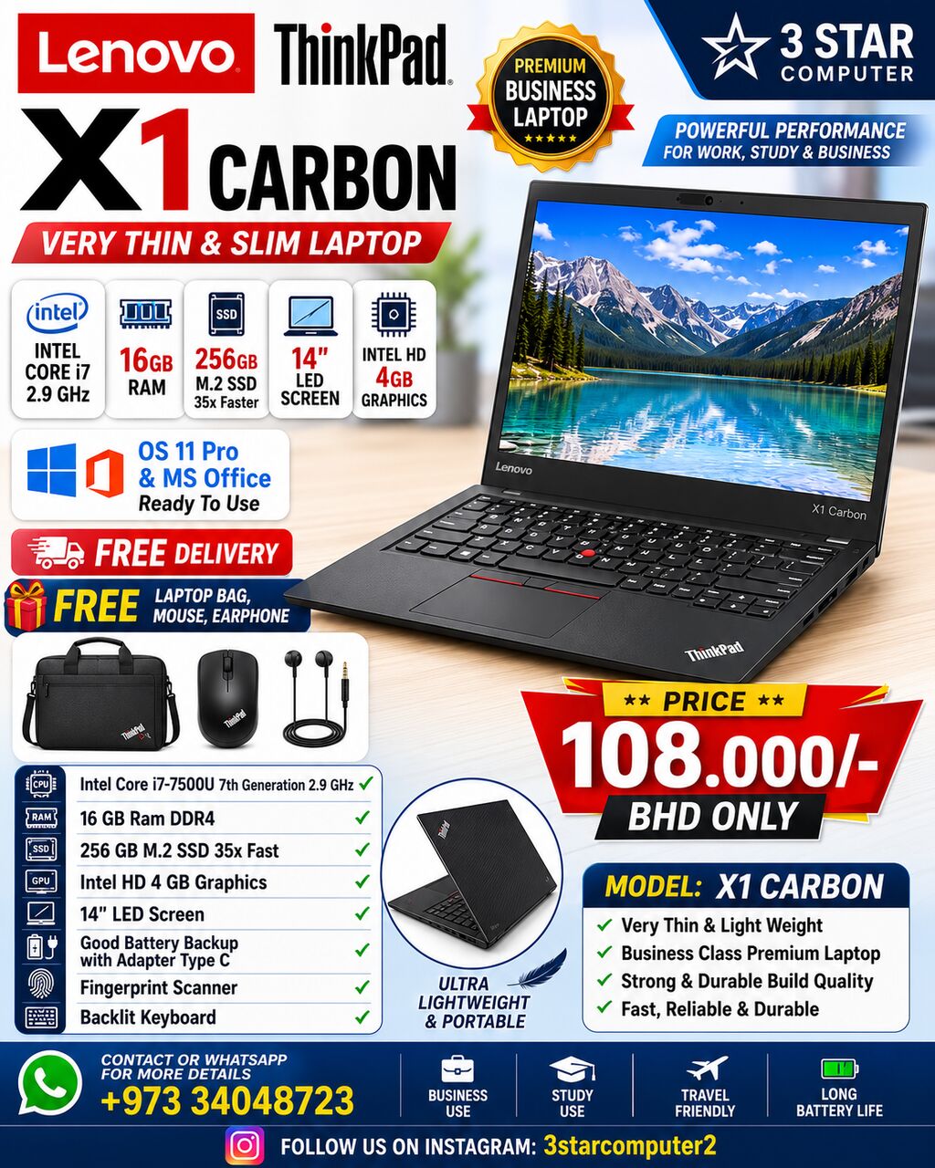 Manama, Tablet Computers, BHD 108,  LENOVO X1 CARBON Core I7 Thin & Slim Laptop 14" Display 16GB RAM 256GB SSD M.2 35x Fast