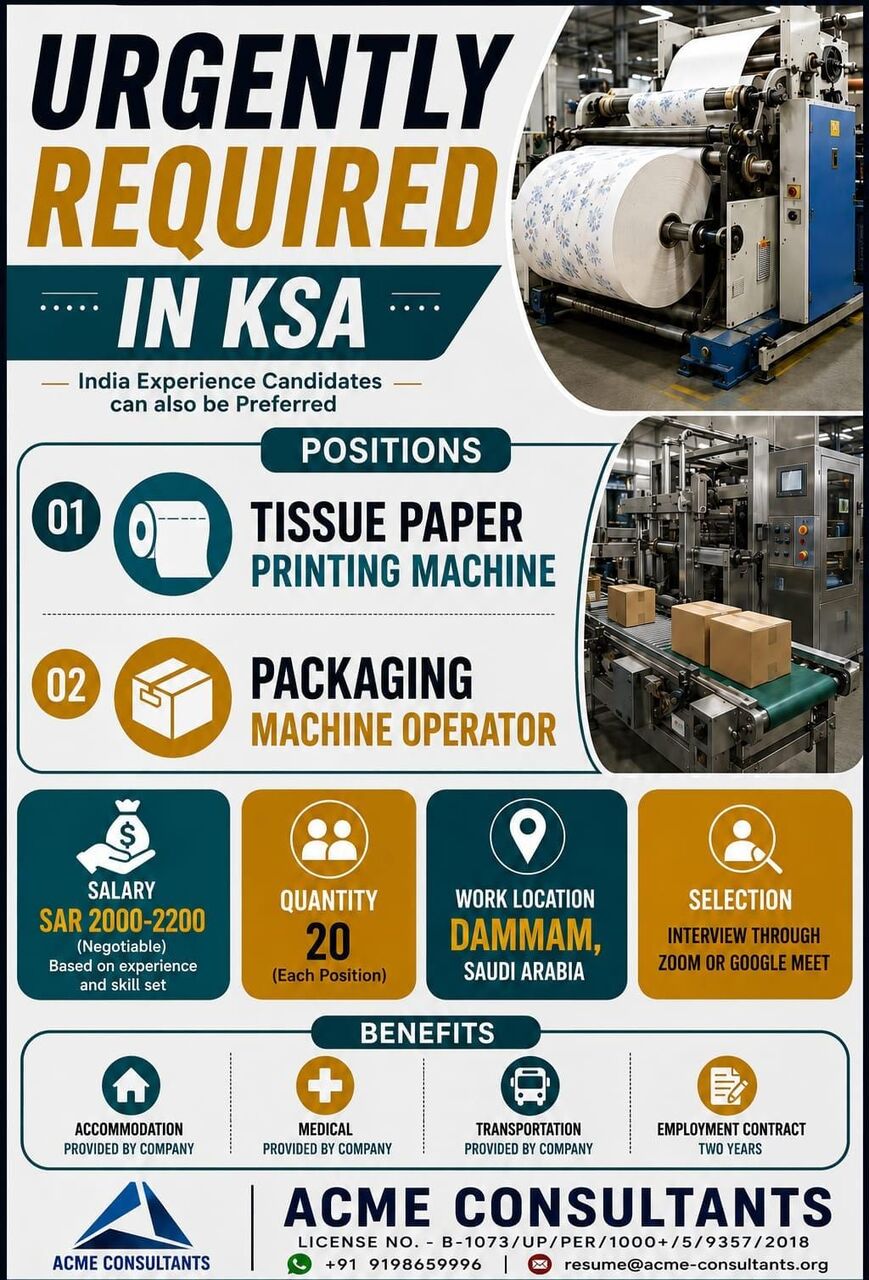 Dammam, Jobs, Tissue Paper Printing Machine Operators