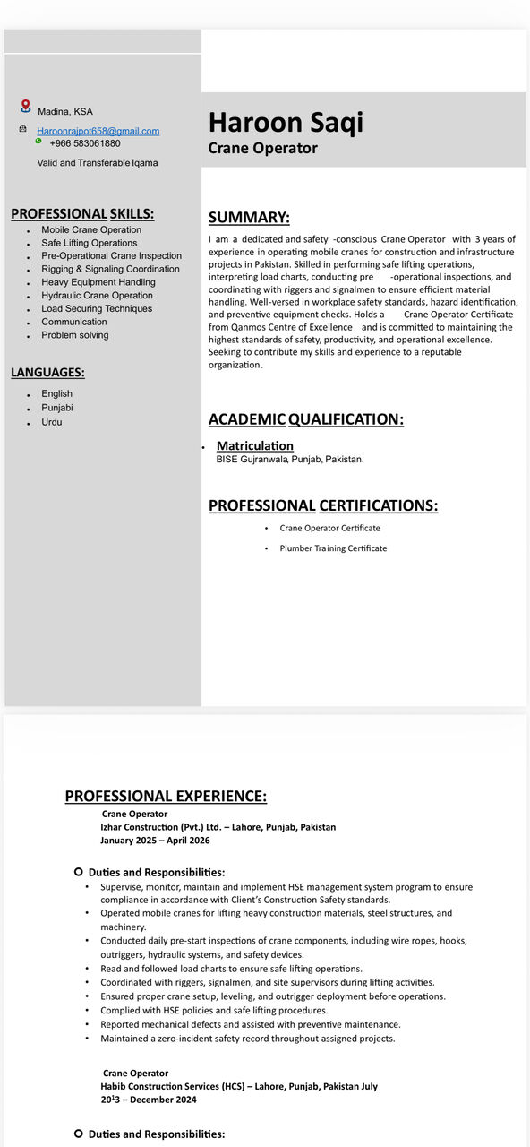 Madinah, Job Seekers, Crane Operator