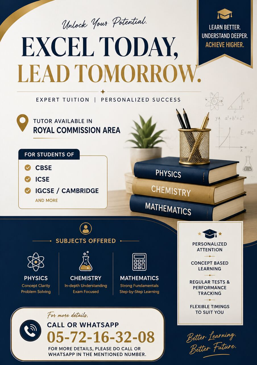 Jubail, Lessons Offered, Tutor Available For Maths, Physics & Chemistry