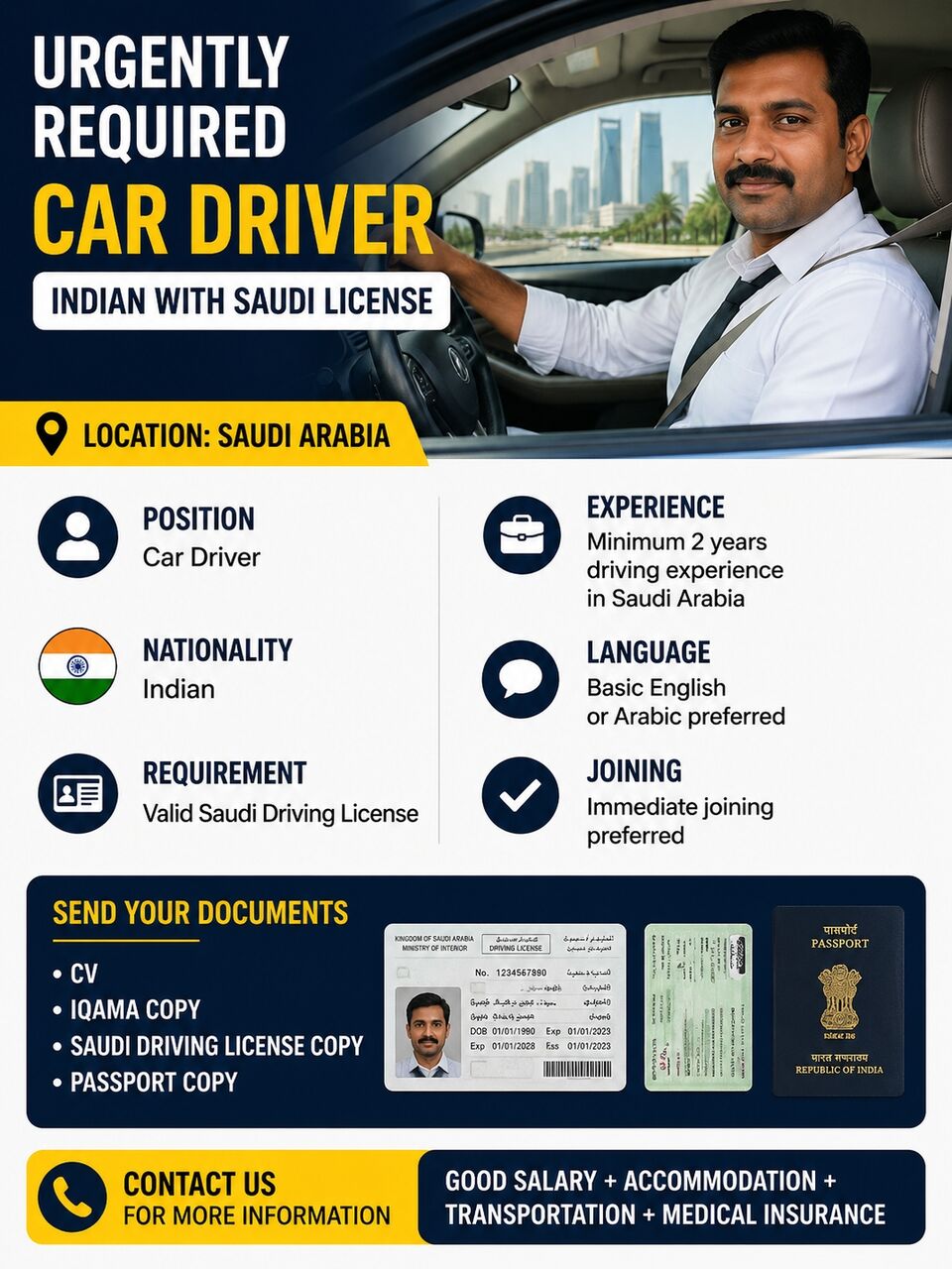 Riyadh, Jobs, House Driver Indian Nationality Only With Saudi License