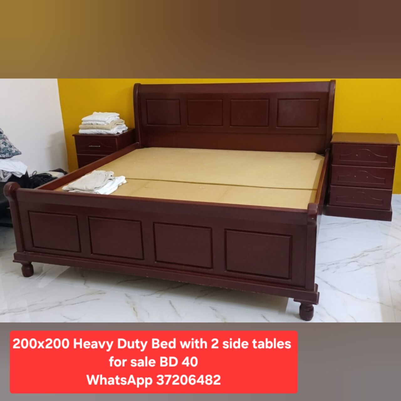 Manama, Furniture, BHD 40,  ✅️ 200x200 Heavy Duty Bed With 2 Side Tables For Sale In Good Condition With Delivery