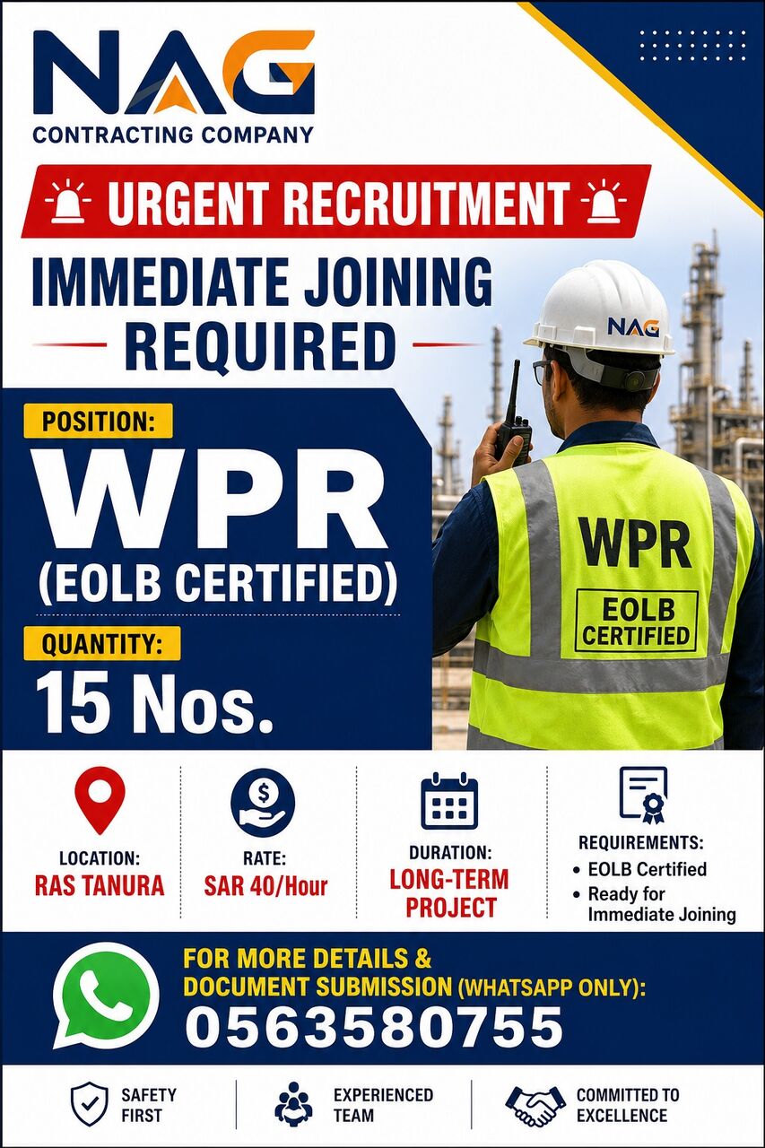 Jubail, Jobs, URGENT RECRUITMENT  EOLB ARAMCO  PERMET RECEVER