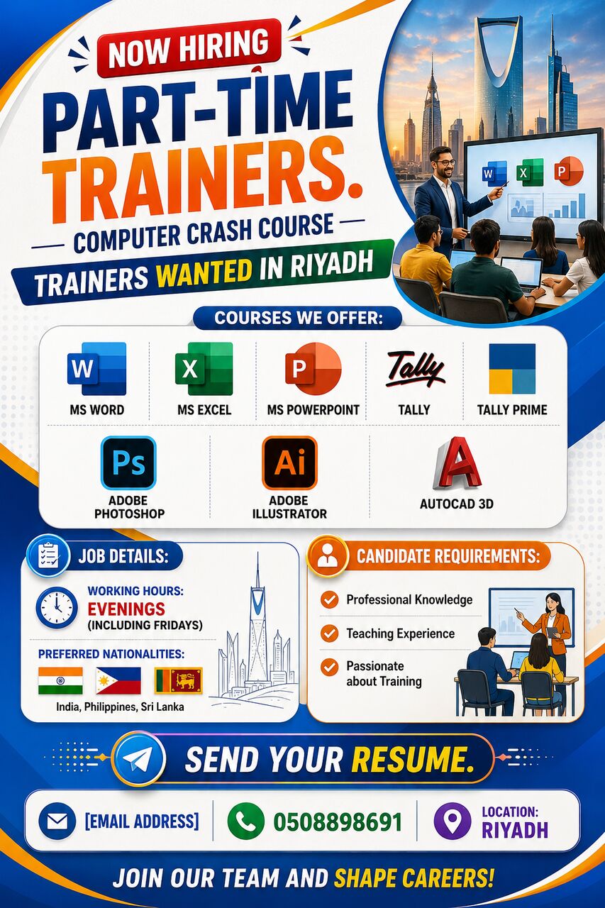 Riyadh, Jobs, PART TIME Computer Course Trainers