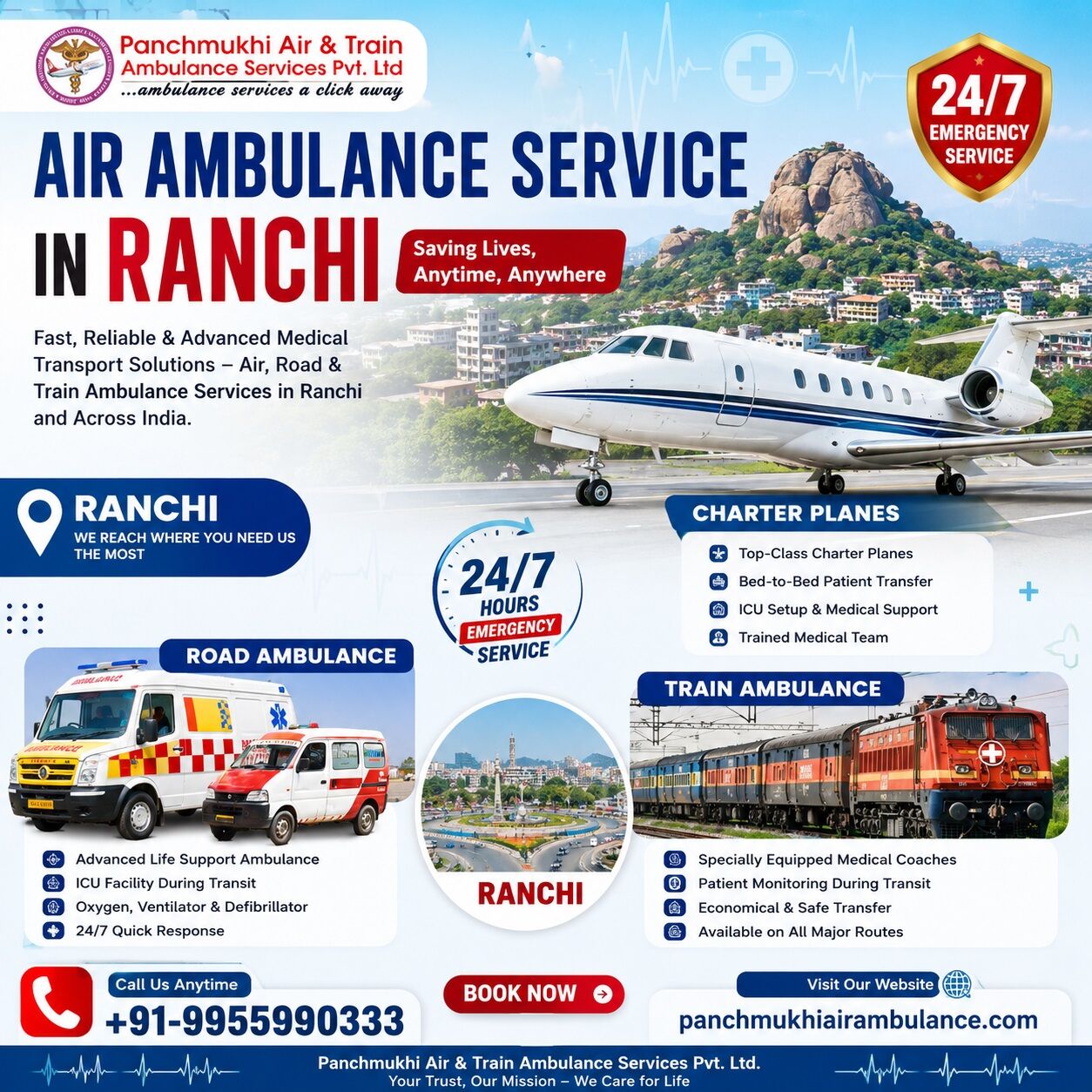 Ranchi, Health, Get Panchmukhi Air Ambulance Service In Ranchi, Which Offers Urgent Patient Transfer