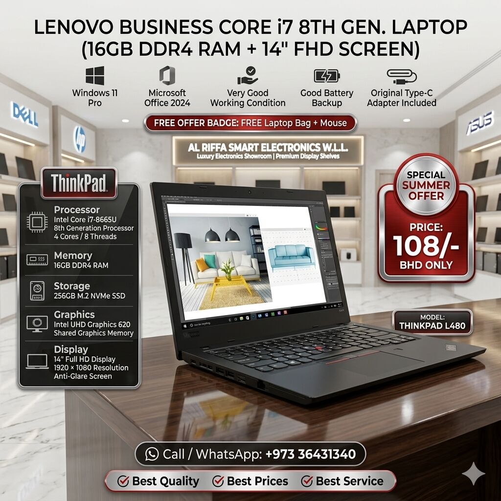 Muharraq, Computers, BHD 108,  Summer Offer Lenovo ThinkPad Core I7 8th Generation Laptop 14"FHD IPS Screen 16GB DDR4 RAM