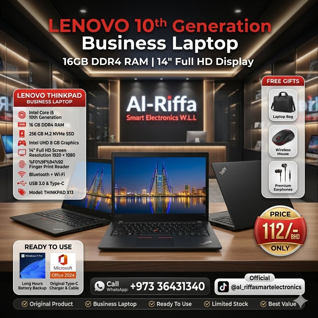 Muharraq, Computers, BHD 112,  Lenovo 10th Generation Core I5 Business Laptop 16GB DDR4 RAM 14" FHD LED (Free Bag + Mouse