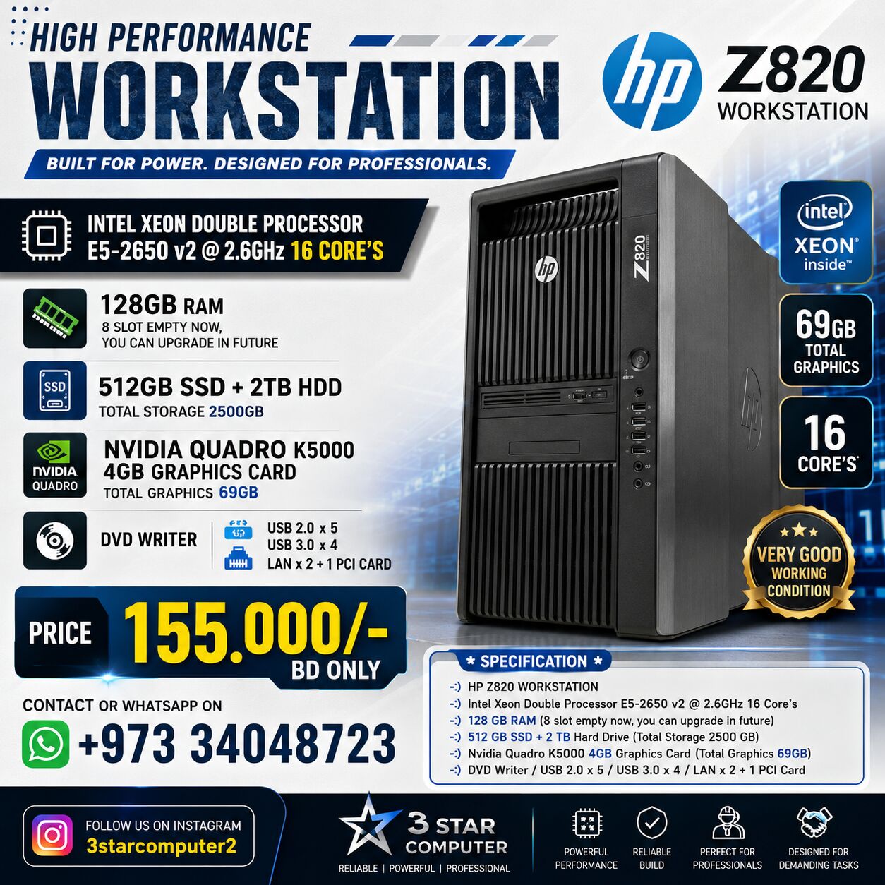Manama, Tablet Computers, BHD 155,  HP Workstation Intel Xeon Double Processor 128GB RAM 512GB SSD+2TB HDD 4GB Graphics Card